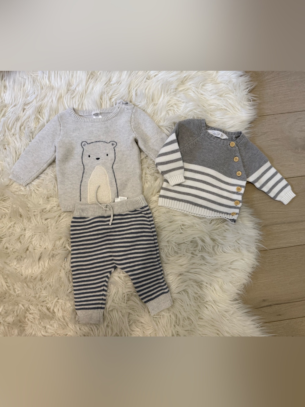 Gray Bear Knit Baby Set with Striped Pants Bundle